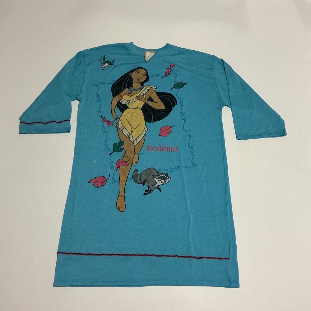 Vintage‎ 90s Disney Pocahontas Youth Large Nightgown Tunic Tee Blue Graphic